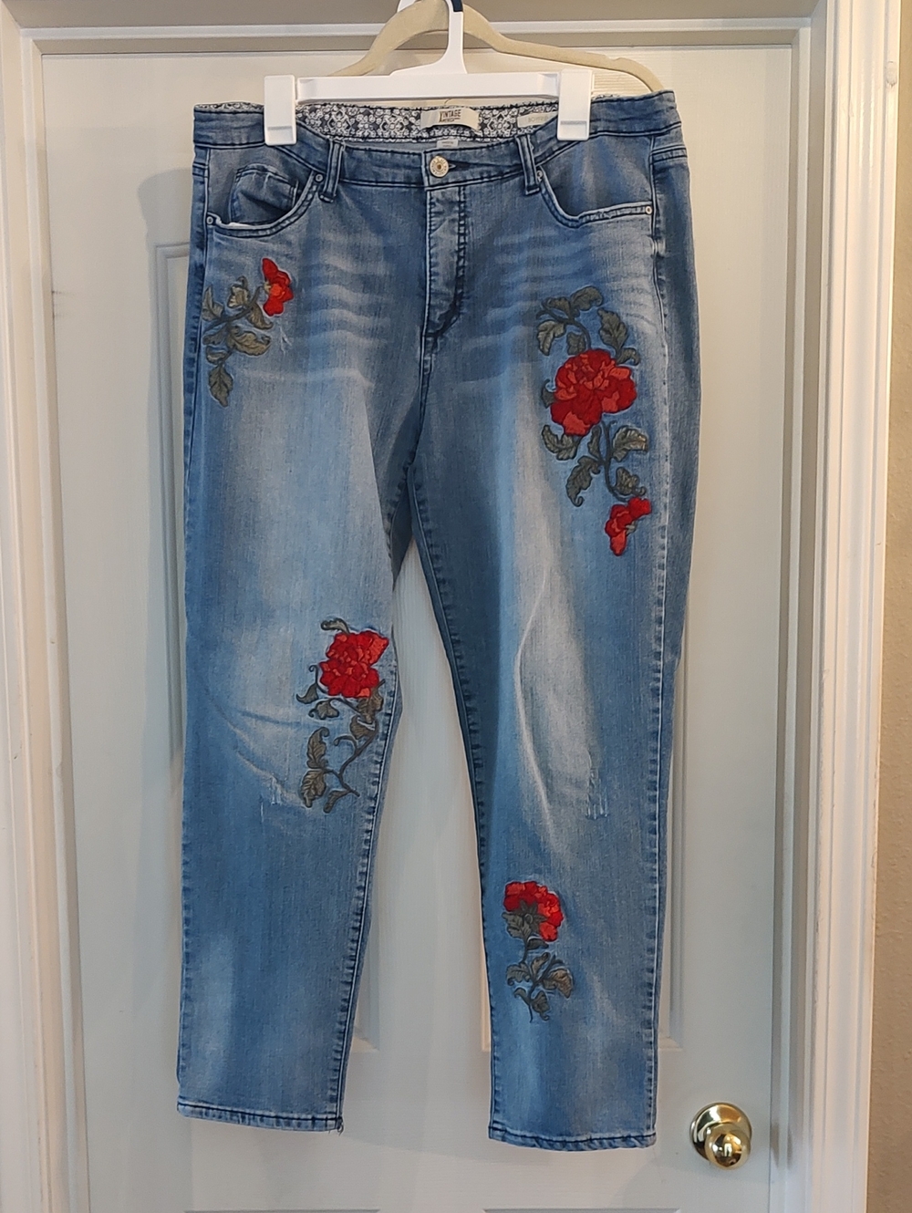 Vintage America Light Blue Jeans with Red Floral Embroidery